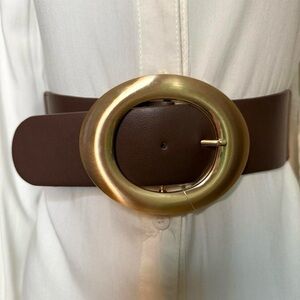 Dark brown PU leather elastic waistband belt with gold tone oval buckle
